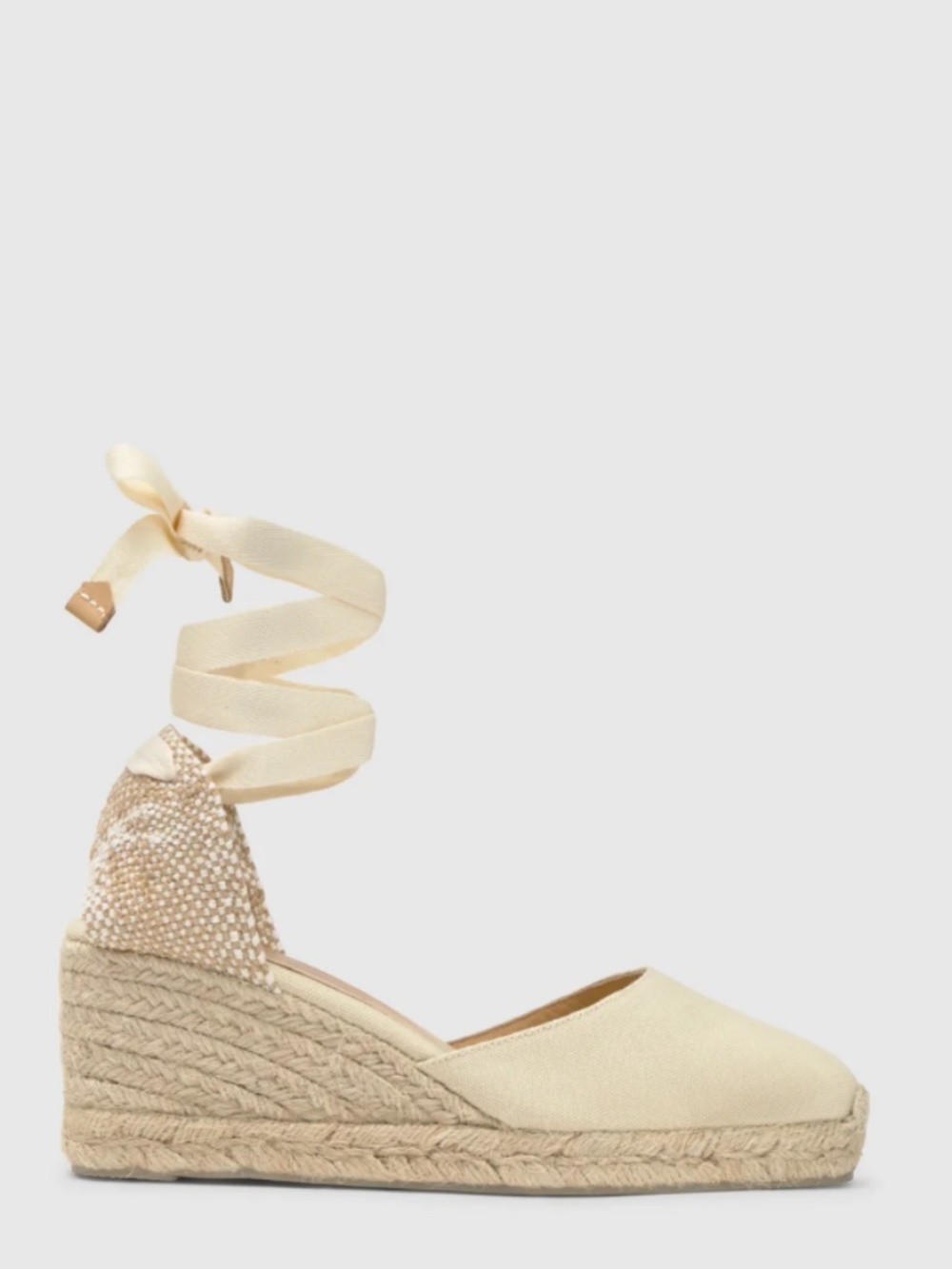 Castañer Carina 80 Ivory Wedge Espadrilles Size 40 US 9 3" Wrap Ribbon Heel